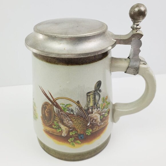 Germany Made Stein Vintage Hunting Scenes Pewter Lid Ceramic - Picture 1 of 13